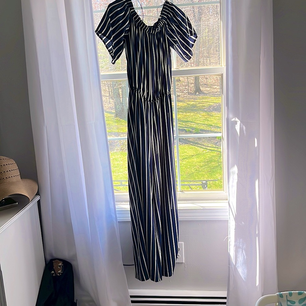 Navy and White Vertical Striped Jumpsuit
